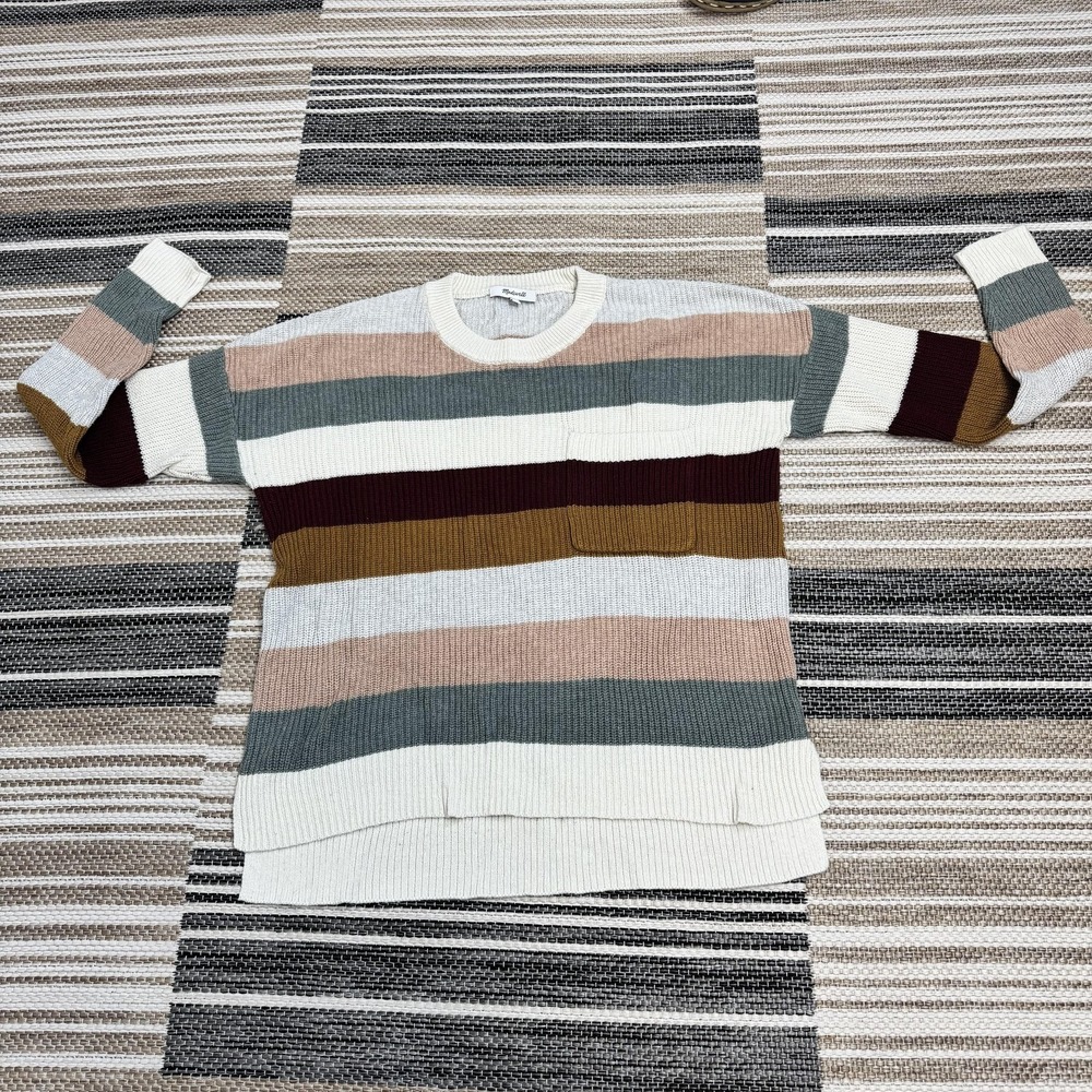 Madewell Sweater Women's Small Multicolor Striped Tunic Crewneck Pocket Knit